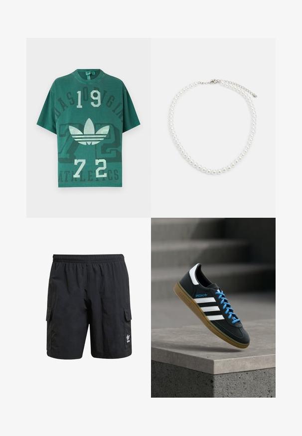 T-shirt vert surdimensionné avec le logo Adidas, grands chiffres "109" et "72", et texte délavé "Adidas Originals Athletics" à l'avant.; Shorts cargo noirs avec une taille élastique, deux poches latérales et un logo sur la jambe inférieure. Fabriqués en tissu léger avec une texture lisse.; Baskets Adidas noires avec des rayures blanches, des lacets bleus et une semelle en gomme flottant au-dessus d'une marche en béton grise sous une lumière douce.; Collier en perles blanches avec une forme ronde uniforme, surface lisse et fermoir en métal avec une chaîne d'extension pour une longueur ajustable.