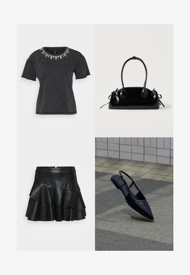 Zwarte t-shirt met korte mouwen en een ronde halslijn, voorzien van een decoratieve bedelversiering langs de hals en een ontspannen pasvorm.; Zwarte leren mini-rok met een aansluitende tailleband en drie lagen volants, voorzien van een gladde textuur en een verborgen rits aan de achterkant.; Zwarte platte schoen met puntige neus en slingback, zwevend boven een asfaltoppervlak naast een betegeld trottoir.; Kleine zwarte glanzende handtas met twee lange hengsels en zijkant trekkoord details op een effen lichte achtergrond.