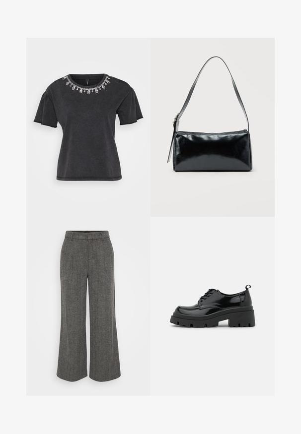 Camiseta negra de manga corta con escote redondo, que presenta un adorno decorativo de cuentas a lo largo del cuello y un diseño de corte relajado.; Pantalones de pierna ancha en espiga gris con una cintura ajustada, que presentan un frente plisado y una tela suave y texturada.; Zapatos de charol negros con una suela de plataforma gruesa y cordones gruesos. Punta redondeada, detalles mínimos y una pequeña lengüeta en la parte trasera.; Bolso de hombro rectangular negro con una correa ajustable y un cierre de cremallera superior sobre un fondo liso.