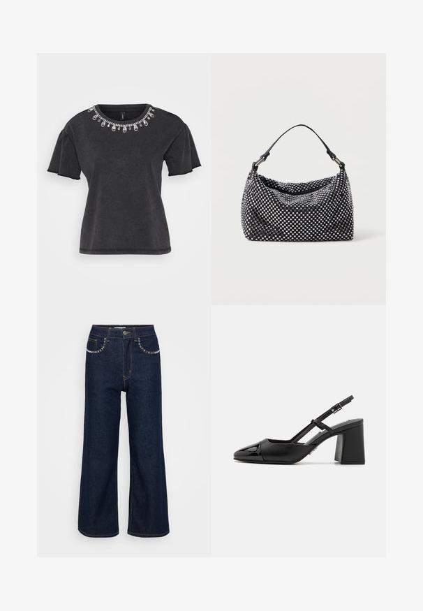 Sort t-shirt med korte ærmer og rund halsudskæring, der har en dekorativ perleudsmykning langs kraven og et afslappet snit.; Mørkeblå brede ben jeans lavet af denim, med høj talje, to forlommer med dekorativ syning, og en enkelt knaplukning.; Sorte patentlæder slingback hæle med spids tå, blokhæl og justerbar rem. Glat tekstur og minimalistisk design.; Sort og sølv håndtaske med en vævet, struktureret overflade med firkantede mønstre, en enkel top håndtag og et slasket design.