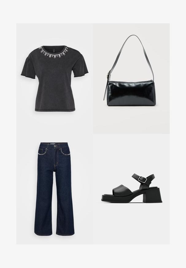 Zwarte t-shirt met korte mouwen en een ronde halslijn, voorzien van een decoratieve bedelversiering langs de hals en een ontspannen pasvorm.; Donkerblauwe wijde jeans van denim, met een hoge taille, twee achterzakken met decoratieve stiksels en een enkele knoopsluiting.; Zwarte leren platform sandalen met een open teen ontwerp, enkelbandje en een stevige vierkante hak. Soepele textuur en minimalistische stijl.; Zwarte rechthoekige schoudertas met een enkele verstelbare band en een bovenste ritssluiting op een effen achtergrond.