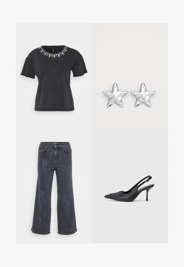 Schwarzes T-Shirt mit kurzen Ärmeln und rundem Ausschnitt, verziert mit einer dekorativen Perlenverzierung am Kragen und einem lässigen Schnitt.; Weite Jeans aus dunkelgrauem Denim mit einem Zebramuster. Klassisches Fünf-Taschen-Design mit Knopf- und Reißverschluss.; Schwarzer Leder-Slingback-Stiletto mit spitzem Zehenaufsatz, seitlichem Schnallenriemen, Nieten entlang der Kante und dekorativer Schnürung vorne.; Silberne sternförmige Ohrringe mit einer polierten, glänzenden Oberfläche. Jeder Ohrring hat fünf Spitzen und dezente Oberflächentexturdetails.