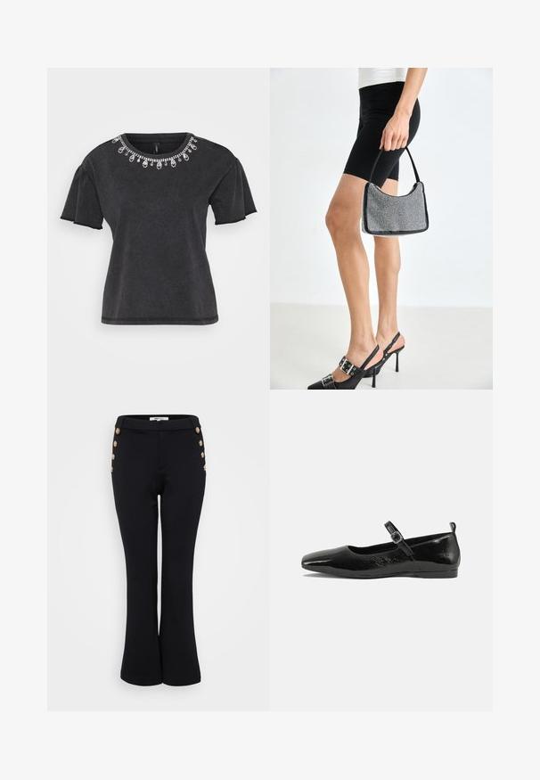 T-shirt noir à manches courtes avec un col rond, présentant une embellisssance décorative en perles le long du col et un design à coupe décontractée.; Pantalons évasés noirs en tissu lisse, ornés de boutons dorés à la taille pour le détail et offrant une silhouette ajustée.; Chaussure plate en cuir verni noir avec un bout pointu, une sangle de cheville avec boucles, et une texture lisse et brillante. Talon bas pour le confort.; Sac à main à perles noires avec une silhouette courbée, une poignée de transport et une texture brillante. Porté avec des chaussures à talons hauts noires et un short noir ajusté.
