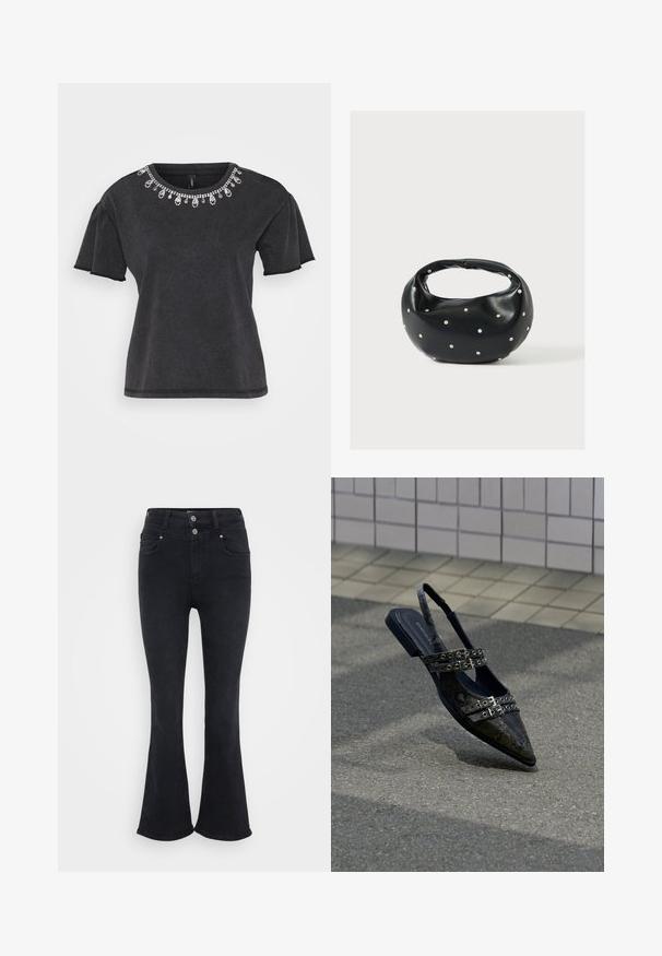 T-shirt noir à manches courtes avec un col rond, présentant une embellisssance décorative en perles le long du col et un design à coupe décontractée.; Jean noir évasé avec taille haute, fabriqué en tissu denim. Comprend deux poches avant et une fermeture à double bouton à la taille.; Chaussures slingback à bout pointu en simili cuir serpent noir, avec des brides à double boucle et un talon plat, présentant une texture lisse et un design moderne.; Sac à main en cuir noir de forme arrondie, décoré de clous argentés et équipé d'une poignée courte. Texture lisse et fermeture éclair.