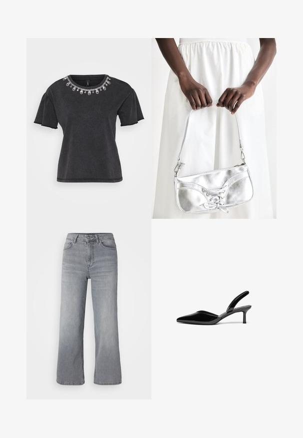 Camiseta negra de manga corta con escote redondo, que presenta un adorno decorativo de cuentas a lo largo del cuello y un diseño de corte relajado.; Jeans de mezclilla gris claro de pierna ancha con cintura alta, cinco bolsillos y cierre clásico con cremallera y botón. Textura suave con un leve desgaste.; Tacones slingback de charol negro con punta afilada, tacón de aguja bajo y un diseño elegante y simple sin adornos.; Bolso metálico plateado con detalle de cordones, que presenta un diseño elegante y una correa corta. El bolso está sostenido con las manos, mostrando su textura.