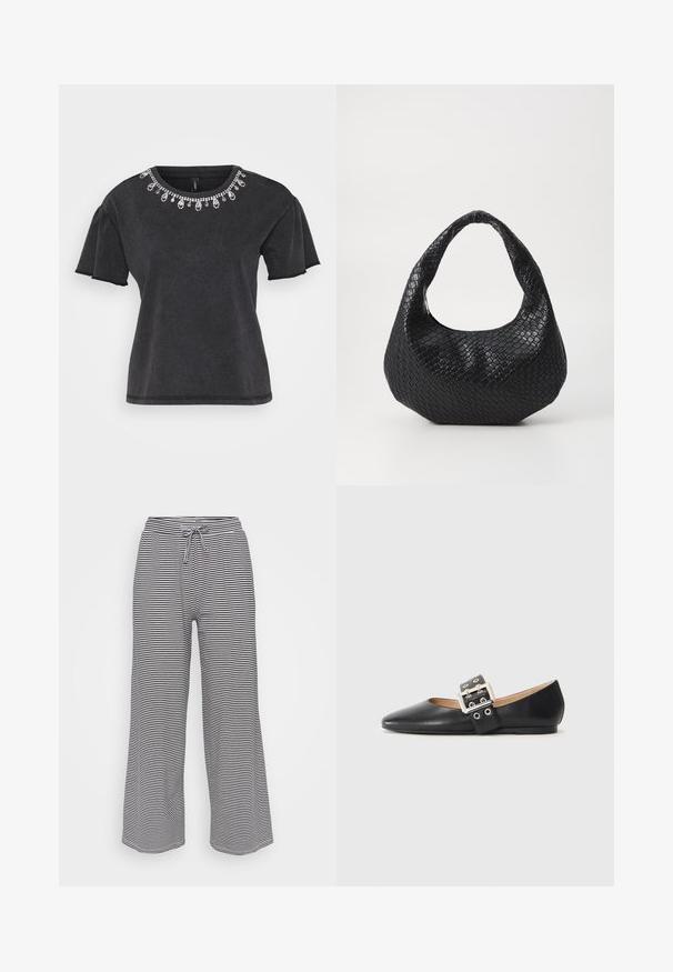 T-shirt noir à manches courtes avec un col rond, présentant une embellisssance décorative en perles le long du col et un design à coupe décontractée.; Pantalons larges en tissu doux avec des rayures horizontales noires et blanches, dotés d'une taille élastique et d'un cordon de serrage pour un ajustement ajustable.; Chaussure plate en cuir noir avec un bout pointu et une bride décorative à boucle équipée de ferrures argentées et de petites découpes.; Sac à main tissé noir avec une poignée courbée, présentant une surface texturée et une forme décontractée. Fini lisse avec une silhouette organique.