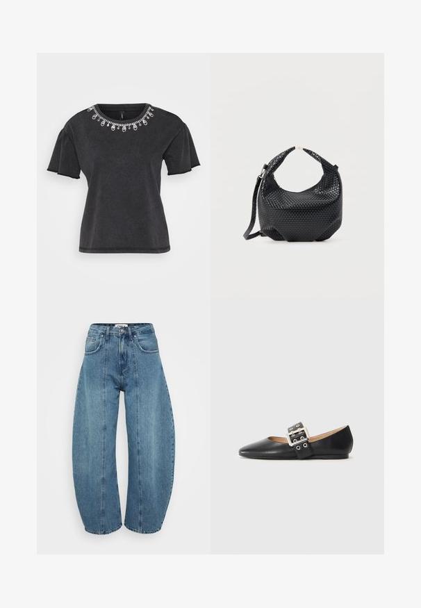 Camiseta negra de manga corta con escote redondo, que presenta un adorno decorativo de cuentas a lo largo del cuello y un diseño de corte relajado.; Vaqueros de tiro alto en azul claro, fabricados en denim, con corte de pata ancha, cinco bolsillos y detalles de costura. Textura suave con un acabado limpio.; Zapato plano de cuero negro con punta puntiaguda y una tira decorativa con hebilla, con herrajes plateados y pequeños recortes.; Bolso de mano de cuero negro trenzado con asa corta y correa de hombro desmontable, exhibido sobre un fondo claro y liso.
