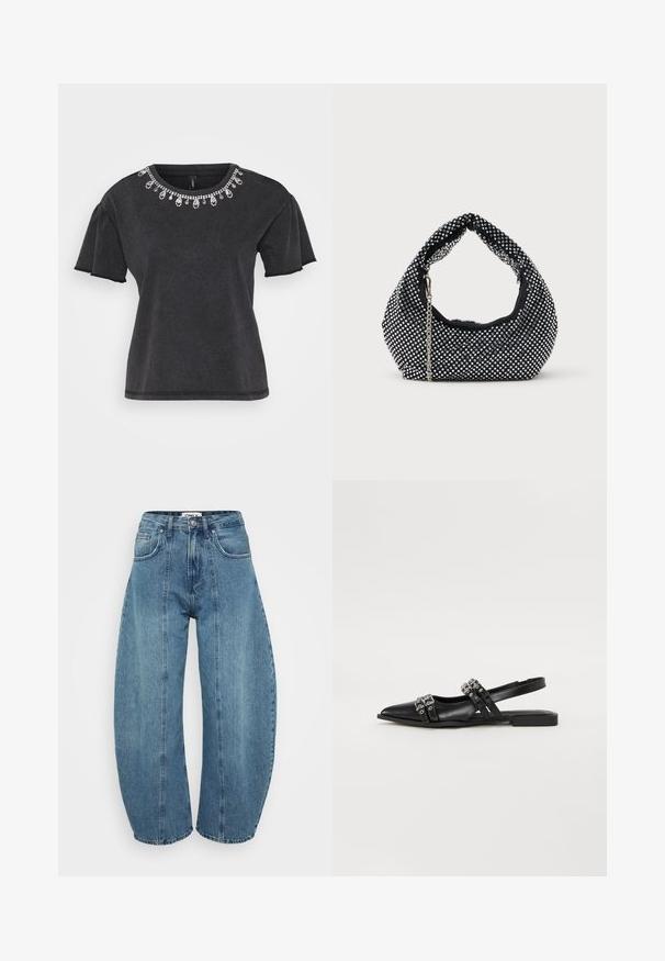 Camiseta negra de manga corta con escote redondo, que presenta un adorno decorativo de cuentas a lo largo del cuello y un diseño de corte relajado.; Vaqueros de tiro alto en azul claro, fabricados en denim, con corte de pata ancha, cinco bolsillos y detalles de costura. Textura suave con un acabado limpio.; Even&Odd by Zalando Bailarinas con tira trasera - black; Bolso de malla negra adornado con tachuelas plateadas, con un asa curvada y una correa de cadena. Textura suave con forma redondeada.