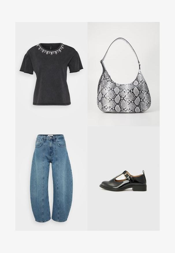 Sort t-shirt med korte ærmer og rund halsudskæring, der har en dekorativ perleudsmykning langs kraven og et afslappet snit.; Lyseblå højaldene jeans lavet af denim, med bred benklip, fem lommer og syningsdetaljer. Glat tekstur med et rent finish.; Sorte lakerede Mary Jane-sko med rund tå, ankelrem, guldbeslag og lav blokhæl. Glat tekstur.; Sort-hvid slangemønster skuldertaske med en rund form, glat tekstur og en buet rem. Har et sølvfarvet hardware-accents.