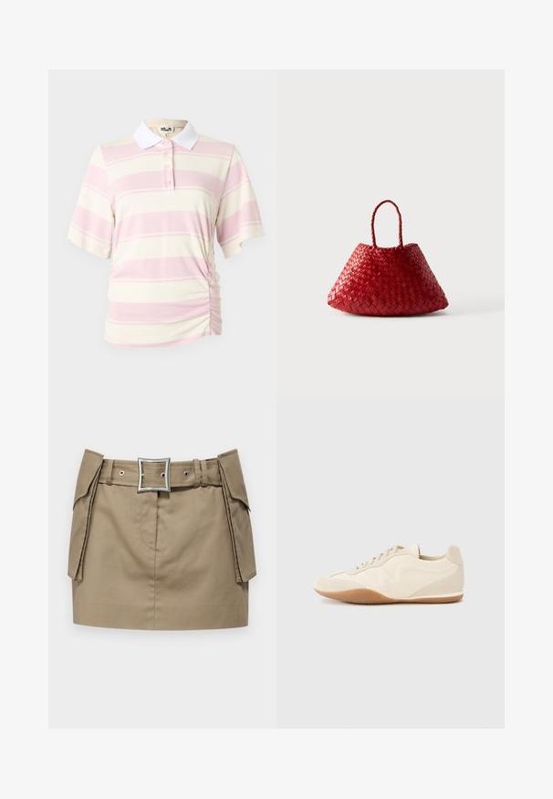 Poloshirt med lyserøde og cremefarvede striber, korte ærmer og en hvid krave. Har knaplukning og detaljer med rynkning i siden.; Khaki miniskørt med et bredt bælte, der har en firkantet sølvspænde, sidelommer og en glat, holdbar stofstruktur.; Lyse beige sneakers med en tekstureret læderoverdel, teksturerede sider og en gummisål. Har et slankt, strømlinet design og flade snørebånd.; Rød vævet lædertaske med en rundet, trekantet form og to flettede håndtag på hvid baggrund.