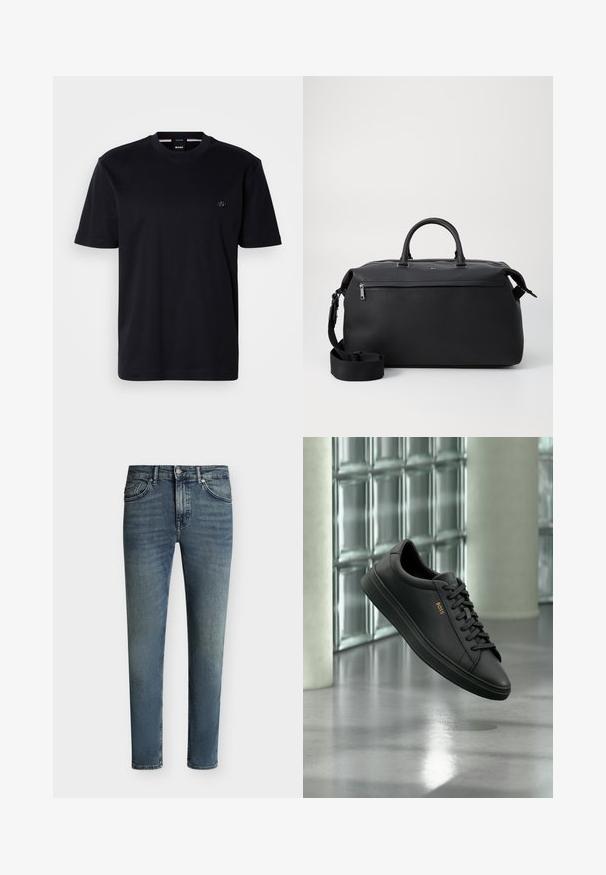 Schwarzes T-Shirt mit kurzen Ärmeln aus weicher Baumwolle, mit Rundhalsausschnitt und kleinem, rundem Logo auf der Brust. Minimalistisches Design, keine Muster.; Blau ausgewaschene Slim-Fit-Jeans mit fünf Taschen und Knopf- und Reißverschluss auf einfarbigem Hintergrund.; Schwarzer flacher Ledersneaker mit schwarzen Schnürsenkeln und goldenem BOSS-Logo an der Seite, schwebend über einem glänzenden grauen Boden in einem modernen Innenraum.; Schwarze Leder-Reisetasche mit zwei Oberhandgriffen, einem abnehmbaren Schultergurt und einer Reißverschlusstasche auf der Vorderseite für zusätzlichen Stauraum.