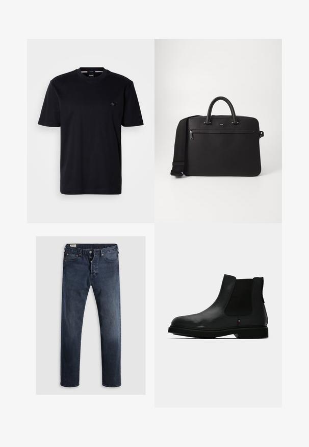 Schwarzes T-Shirt mit kurzen Ärmeln aus weicher Baumwolle, mit Rundhalsausschnitt und kleinem, rundem Logo auf der Brust. Minimalistisches Design, keine Muster.; Dunkelblaue Denim-Jeans mit geradem Bein, ausgestattet mit einem Reißverschluss, Metallknöpfen und Kupfernieten. Glatte Textur, keine sichtbaren Muster.; Schwarzer Chelsea-Stiefel aus Leder mit elastischen Seitenteilen, rundem Zehenbereich und strukturierter Oberseite. Verfügt über eine flache Gummisohle und dezente Markenakzente.; Schwarze Lederhandtasche mit glatter Oberfläche, zwei oberen Griffen und einem abnehmbaren Schultergurt. Verfügt über eine Reißverschlusstasche vorne und ein Logodetail.