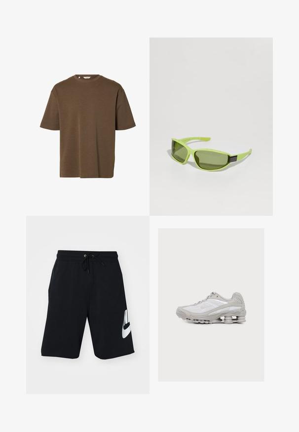 Brun T-shirt med korte ærmer og rund hals, løs pasform og ensfarvet design, vist mod en hvid baggrund.; Sorte bomuldsshorts med drapering i taljen, sidelommer og stort hvidt Nike-logo trykt på venstre lår. Klassisk atletisk design.; Lysegrå og hvid atletiksko med synlig fjederlignende støddæmpning i sålen og meshstof på overdelen.; Grønne solbriller med ovale linser, plastikrammer og en lille sort detalje på siden. Letvægtsdesign, ideelt til afslappet brug.