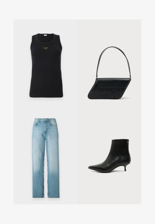 Sort ribbet tanktop med en tætsiddende pasform, der har et guldlogo-patch på brystet. Lavet af strækbart stof, ærmeløs med rund halsudskæring.; Lyseblå høj talje straight-leg denimjeans med frontknap og lynlås, for- og baglommer, vist på hvid baggrund.; Sort læder ankelstøvle med spids tå og lav kitten hæl på lys baggrund, der viser yderside.; Sort skuldertaske i læder med trekantet form, præget logo og en enkelt justerbar rem. Minimalistisk design med glat tekstur.