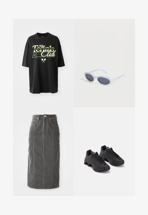Camiseta de algodón negra con mangas cortas, que presenta un gráfico en verde y blanco del "Nike Tennis Club", ilustraciones de una pelota de tenis y una raqueta.; Falda midi de mezclilla gris con corte recto, cinco bolsillos y costuras naranjas a lo largo de las costuras. Cuenta con un cierre de botón en la parte delantera y trabillas para cinturón.; Zapatillas deportivas negras con una parte superior sintética lisa, acentos texturizados, diseño de cordones y amortiguación de resorte visible en el talón.; Gafas de sol ovaladas con montura blanca y lentes tintadas oscuras descansando sobre una superficie blanca.