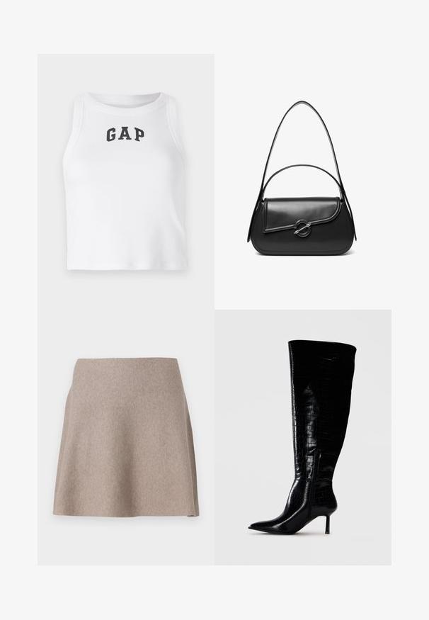 Hvid ærmeløs crop top lavet af ribbet stof med et sort "GAP" logo foran. Rund halsudskæring med rene sømme.; En beige, flagrende nederdel lavet af blødt stof med en glat tekstur og en ren kant. Enkel design uden synlige mønstre eller udsmykninger.; Støvler i sort læder til knæene med en blank, krokodillemønster-finish. Spids tå og tynd hæl; har en sidelukning med lynlås.; Sort skuldertaske i læder med en buet klap, der er fastgjort med en rund metal spænde, og en slank, justerbar rem.