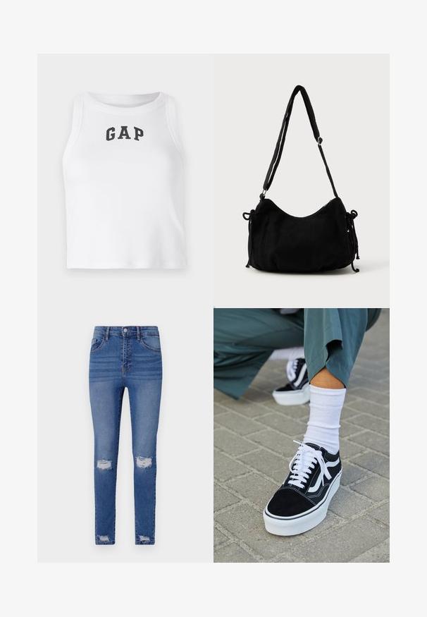 Valkoinen ilman hihoja oleva crop-top, joka on valmistettu ribbikankaasta ja jossa on musta "GAP" -logo edessä. Pyöreä kaula-aukko ja siistit saumat.; Kapeat siniset farkut haalistuneella pesulla, joissa on kaksi polvireikää, viisi taskua, nappikiinnitys ja vyölenkit. Puuvillasekoitekankaasta.; Mustat mokkakengät valkoisilla yksityiskohdilla ja nauhoilla, joissa on paksu valkoinen pohja ja kontrastivärinen ommel, yhdistettynä valkoiseen sukkaan.; Mustikka värinen korduroy olkalaukku, jossa on kaareva muoto, säädettävä hihna ja narusuljin kummallakin puolella koon säätämiseksi.