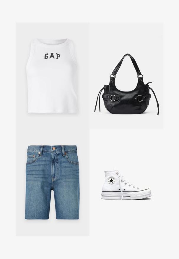 Hvid ærmeløs crop top lavet af ribbet stof med et sort "GAP" logo foran. Rund halsudskæring med rene sømme.; Denim shorts i lyseblå med klassisk skæring, fem lommer og kobberaccent for kontrast. Tekstureret, mellemvægtigt stof.; Hvid højtop Converse Chuck Taylor All Star-sneaker med sort logo-patch og hvide snørebånd, vist på hvid baggrund.; Sort læderhåndtaske med en rund form, der har to sidelukninger, en glat tekstur og en kort skulderrem. Der er pynt i form af sidekæder.