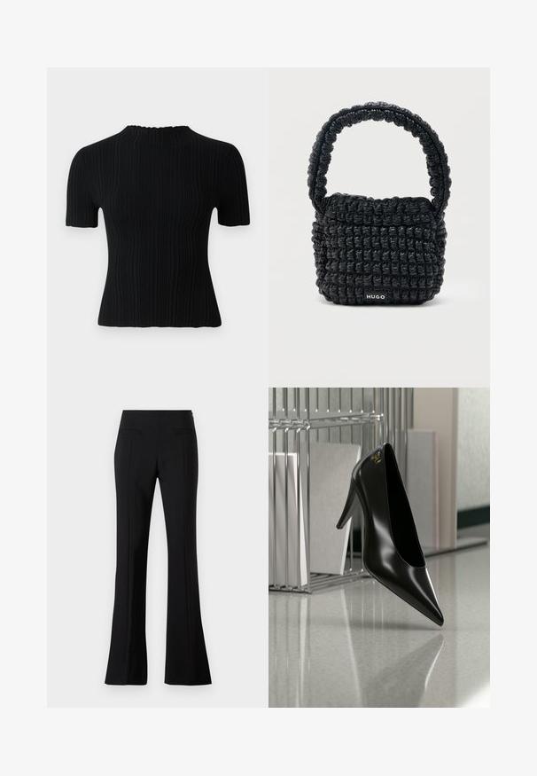 Haut noir à manches courtes en côte avec un col montant. Présente un tissu texturé et une silhouette ajustée, offrant des options de style décontracté et polyvalent.; Pantalons évasés noirs en tissu lisse avec une taille haute, dotés de deux poches arrière et d'un pli sur le devant de chaque jambe.; Chaussure noire à talon haut avec bout pointu et logo doré, posée sur une surface réfléchissante près d'un organiseur de dossiers en fil chromé contenant des documents.; Petit sac à main noir matelassé avec une poignée courte rembourrée et une étiquette "HUGO" à l'avant, présenté sur un fond clair uni.