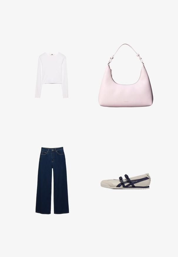 Weißes Langarm-Crop-Top aus weichem Stoff. Verfügt über einen runden Halsausschnitt und ein einfaches, elegantes Design ohne Muster oder Verzierungen.; Dunkelblaue Jeans mit weitem Bein aus Denim; mit Taschen vorne und Knopfverschluss; auffällige Nähte entlang der Nähte; keine Muster oder Verzierungen.; Flacher, beiger Schuh mit marineblauen Zierstreifen und doppelten Schnallen, ausgestattet mit glattem Lederfinish, abgerundeter Spitze und profilierter Sohle.; Hellrosa Calvin Klein Schultertasche mit glatter Oberfläche, verstellbarem Riemen und Reißverschluss oben.