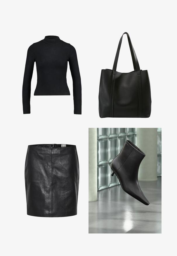 Sort langærmet turtleneck top lavet af ribbet stof, med en tætsiddende design og slank silhuet. Ingen mønstre eller detaljer.; Sort læderskirt med en glat overflade, høj talje og lukning med knap foran. Har en slank, minimalistisk silhuet. Ingen mønstre eller accenter.; Sort læderankelstøvle med spids tå og lille hæl vist mod en væg af glasblokke og poleret gulv baggrund.; Sort læder tote bag med to lange håndtag, der har et minimalistisk design, glat tekstur og lodrette sømme på fronten.