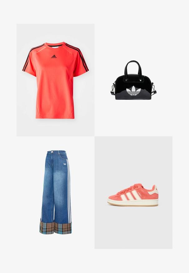 Tričko s krátkym rukávom v jasne koralovej farbe vyrobené z ľahkého materiálu. Obsahuje čierne logo Adidas a tri čierne pruhy na každom ramene.; Svetlomodré džínsy so širokými nohavicami, s bielymi pruhmi po bokoch a hnedým károvaným lemom. Vyrobené z jemnej, štruktúrovanej látky.; Ružové semišové tenisky s krémovými prúžkami, okrúhlymi šnúrkami a textúrovaným jazykom. Obsahujú gumenú podrážku a logo na päte.; Čierna lakovaná kožená kabelka s okrúhlym tvarom, dvojitými hornými rúčkami, striebornými akcentmi a výrazným bielym logom na prednej strane.