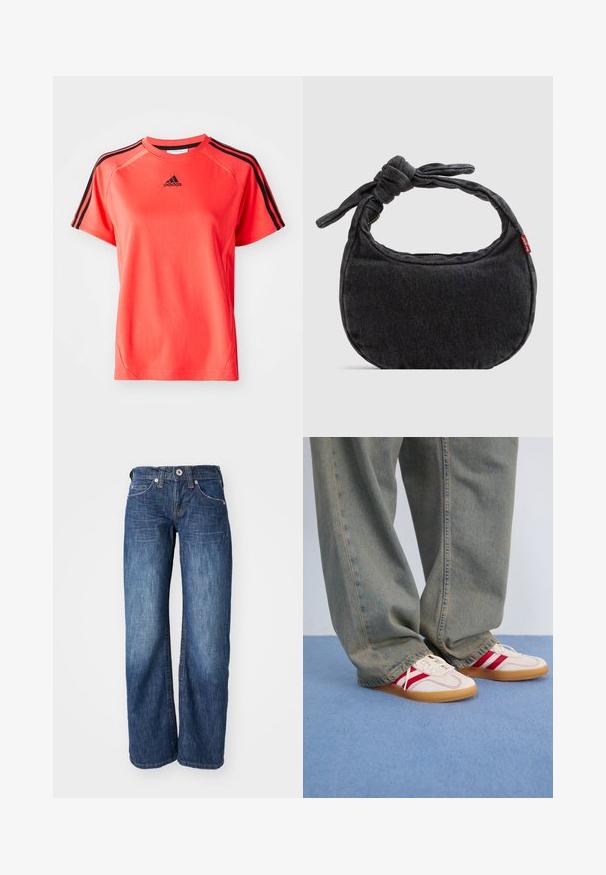 Kurze Ärmel, leuchtend korallfarbendes Sport-T-Shirt aus leichtem Stoff. Mit schwarzem Adidas-Logo und drei schwarzen Streifen auf jeder Schulter.; Dunkelblaue Jeans aus Denim mit gerades Bein-Design, ausgestattet mit fünf Taschen und einem Knopfverschluss vorne. Dezent ausgebleicht an den Oberschenkeln.; Weiße Sneaker mit roten Streifen, Obermaterial aus strukturiertem Canvas, runde Zehenpartie, flache Gummisohle, kombiniert mit lockeren, ausgebleichten blauen Jeanshosen.; Kleine schwarze Jeans-Umhängetasche mit geknotetem Riemen und Reißverschluss, mit einem roten Levi's Stoffetikett an der Seite.
