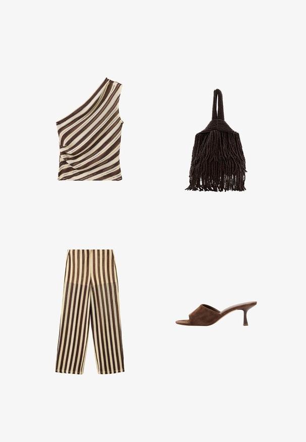 Top asymétrique en maille avec motif à rayures diagonales dans des nuances de marron, beige et crème, doté d'un tissu en maille ouverte texturé.; Pantalon à jambes larges avec des rayures verticales dans différentes nuances de marron et beige, en tissu texturé.; Mule en daim marron à bout ouvert, talon en bois incurvé de hauteur moyenne et design à enfiler sur fond blanc.; Petit sac à main marron foncé couvert de rangées denses de perles avec une anse bouclée et un design frangé et texturé.