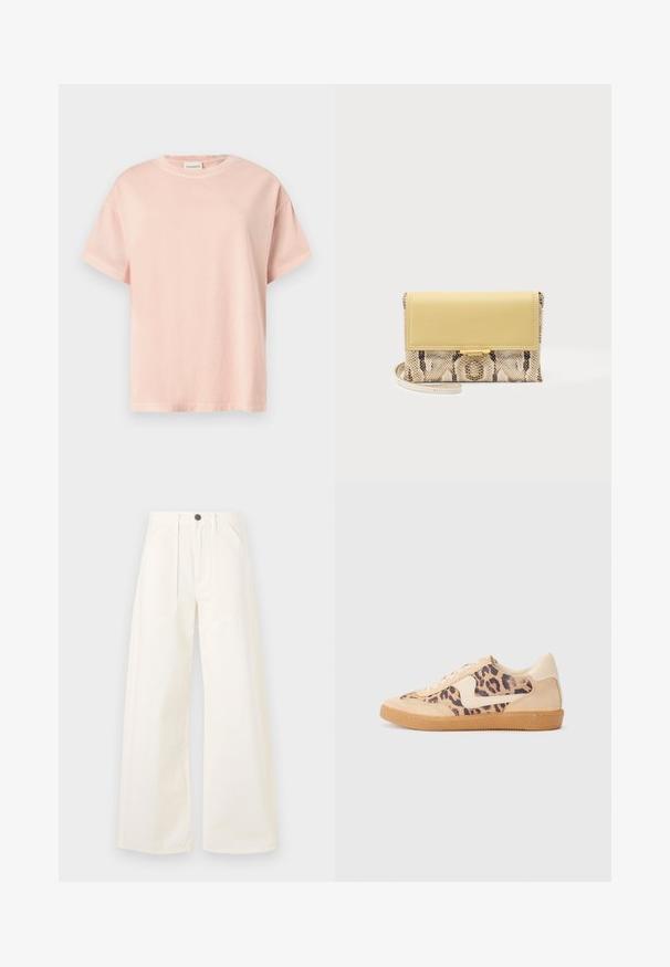 T-shirt en coton rose clair avec manches courtes, col rond et détail brodé subtil sur le devant. Coupe décontractée et texture lisse.; Pantalons à jambes larges en coton blanc cassé, avec une taille haute, deux poches avant et une fermeture à bouton sur le devant.; Baskets en imprimé léopard avec tige en suède beige, semelle en caoutchouc tan et accents blancs. Bout rond et design à lacets avec une finition texturée.; Petit sac pochette avec rabat en cuir jaune et corps imprimé serpent, avec une fine sangle pour poignet et un fermoir doré sur fond uni.