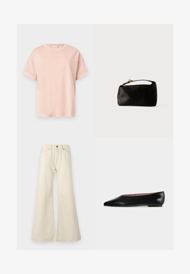 Hellrosa Baumwoll-T-Shirt mit kurzen Ärmeln, Rundhalsausschnitt und dezenter Stickerei auf der Vorderseite. Lockere Passform und glatte Textur.; Hellbeige weite Jeans aus Baumwolle. Besitzt eine hohe Taille, fünf Taschen und einen Knopfverschluss mit kontrastierenden Nahtdetails.; Schwarzer flacher Damenleder-Schuh mit spitzer Kappe und niedrigem Absatz, von der Seite auf einfarbigem hellgrauem Hintergrund gezeigt.; Schwarze Satinbeuteltasche mit runder Form, einem oberen Griff und einem goldenen Verschlussakzent. Glatte Oberfläche mit minimalistischer Gestaltung.