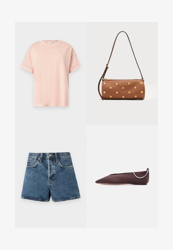 Hellrosa Baumwoll-T-Shirt mit kurzen Ärmeln, Rundhalsausschnitt und dezenter Stickerei auf der Vorderseite. Lockere Passform und glatte Textur.; Denim-Shorts in Mittelblau mit hoher Taille, fünf Taschen, kontrastierenden Nähten und einem Metallknopfverschluss. Strukturierter Stoff mit einem leichten Verblassen.; Dunkelbrauner flacher Schuh mit spitz zulaufender Spitze, niedrigem Absatz und einer silbernen Strasssteinkette auf der Rückseite.; Braune zylindrische Ledertasche mit goldenen Nieten, verstellbarem Riemen und goldenem Michael Kors-Logo vorne.