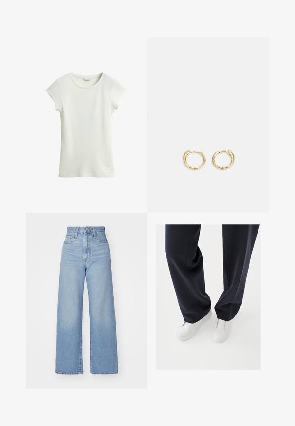 T-shirt blanc en maille côtelée à manches courtes, col rond et coupe ajustée sur fond blanc.; Jean large taille haute bleu clair avec bouton et fermeture éclair à l'avant, poches avant et arrière, sur fond blanc.; Baskets blanches avec semelles en caoutchouc texturées et lacets plats, associées à un pantalon bleu marine foncé affichant un tissu fluide et ample et une coupe ajustée.; Boucles d'oreilles en or en forme de rond lisse et arrondi. Équipées d'une petite fermeture à charnière, d'une apparence légère et d'une finition polie.