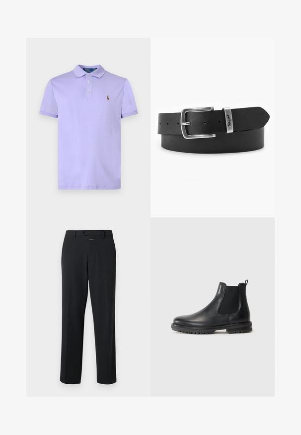 Lila polo met korte mouwen, knoopsluiting en klein geborduurd logo van een polospeler op de linkerborst.; Zwarte broek met een rechte pasvorm, gemaakt van gladde stof. Voorzien van een knoopsluiting aan de voorkant en subtiele stikdetails. Eenvoudig ontwerp zonder patronen.; Zwarte leren Chelsea-boot met elastische zijpanelen, trekhaak, afgeronde neus en robuuste zool met gripgroeven.; Zwarte leren riem met een zilveren rechthoekige gesp en een logo-accent. Heeft meerdere gaten voor verstelbare maat en een gladde textuur.