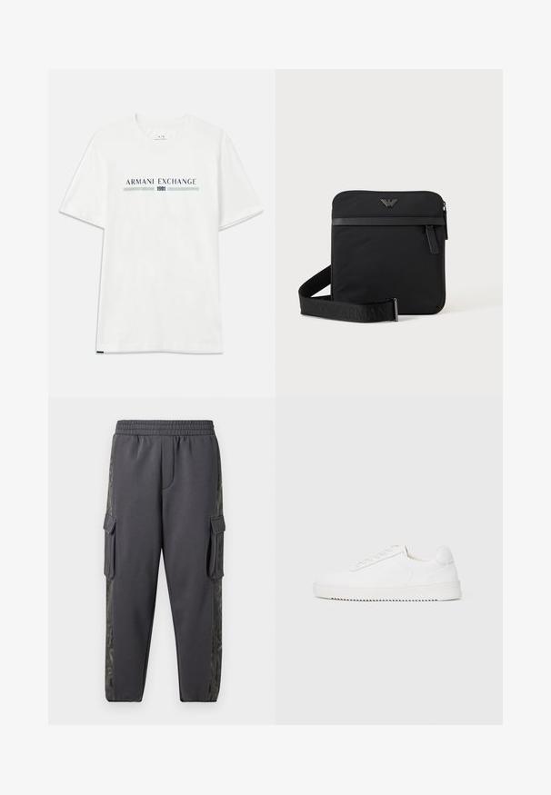 Biele bavlnené tričko s krátkym rukávom, zdobené modrým a zeleným logom "ARMANI EXCHANGE" a s nápisom "1991" umiestneným centrálne pod ním.; Šedé teplákové nohavice vyrobené z jemnej tkaniny, s cargo vreckami a vzorovaným bočným panelom pre pridanie detailu. Zahrnutý elastický pás.; Biele tenisky s hladkým koženým zvrškom, zaoblenou špičkou, šnúrkami, textúrovanými bočnými akcentmi a hrubou gumovou podrážkou. Minimalistický dizajn.; Čierna štvorcová kabelka cez rameno so zipsom, predným vreckom a nastaviteľným popruhom s vyrazeným názvom značky.