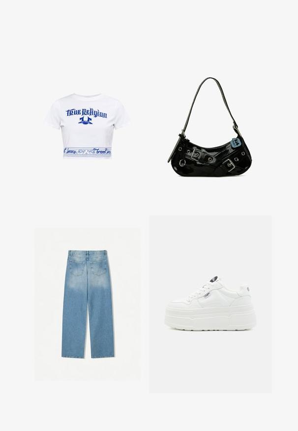 Weißes kurzes T-Shirt mit kurzen Ärmeln, das blauen "True Religion Los Angeles"-Text und dekorativen blauen Rand mit Blumen- und Schriftmotiven zeigt.; Helleblaue Denim-Jeans mit geradem Bein, ausgestattet mit zwei Gesäßtaschen und einer ausgebleichten Textur im oberen Bereich.; Weiße Plattform-Sneaker mit einer glatten synthetischen Oberfläche, rundem Zehenbereich, gepolstertem Kragen und strukturiertem Profil. Mit einem kontrastierenden Logo-Tag.; Schwarze Lackleder-Handtasche mit geschwungener Form, ausgestattet mit silbernem Beschlag, dekorativen Schnallen und einem kurzen Griff. Blaue Anhängeschild befestigt.