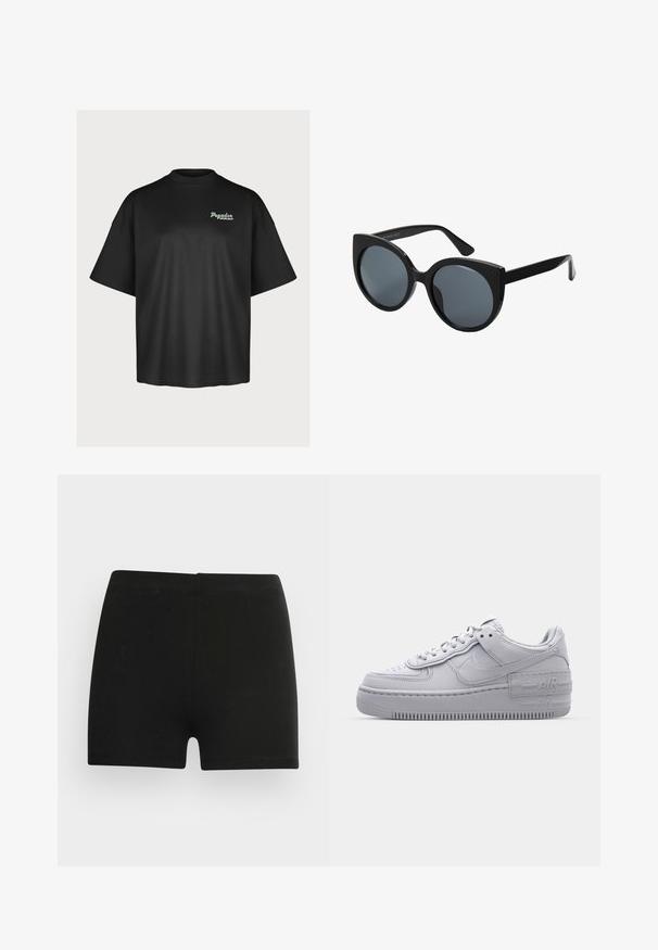 Pegador CHAPI HEAVY OVERSIZED TEE - T-shirts print - black; Sorte bomulds shorts med et tætsiddende design og elastisk talje. Glat tekstur, længde til midt på låret, og uden synlige mønstre eller accenter.; Grå Nike Air Force 1 sneakers med perforeret tå, glat læderoverdel, tyk sål og præget 'AIR' detalje på hælen.; Storede sorte oversized solbriller med katteøjeform, mørkt tonede linser og glansfuldt plastisk stel. Har tykke stænger for støtte.