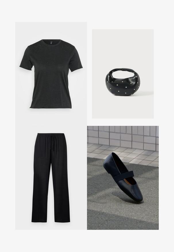 Zwarte T-shirt met korte mouwen en ronde halslijn, met subtiele hartvormige rhinestone versieringen aan de voorkant. Zacht, casual materiaal.; Zwarte broek met losse pasvorm, elastische tailleband en trekkoord, rechte pijpen, gemaakt van lichtgewicht stof.; Zwarte leren platte schoen met een ronde neus, voorzien van een zachte zwarte elastische band over de wreef. Gladde textuur en minimalistisch ontwerp.; Zwarte leren handtas met een afgeronde vorm, versierd met zilveren studs, en een korte handgreep. Gladde textuur en ritsluiting.