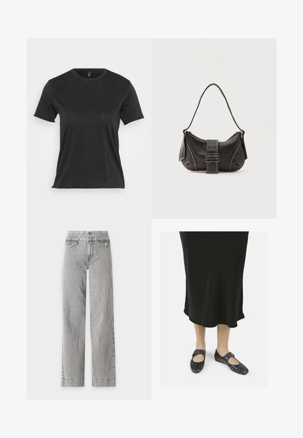 Zwarte T-shirt met korte mouwen en ronde halslijn, met subtiele hartvormige rhinestone versieringen aan de voorkant. Zacht, casual materiaal.; Jeans met hoge taille, lichtgrijs en wijde pijpen, met klepzakken aan de voorkant en dubbele knoopsluiting in de tailleband.; Zwarte leren schoenen met een ronde neus, enkele band en gesp, met studdetails, gedragen met een zwarte enkel-lange jurk.; Zwarte leren schoudertas met gespsluiting aan de riem, afgeronde hoeken en contrasterende witte stiksels op een effen achtergrond.