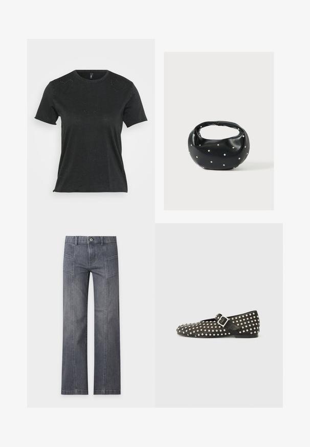Sort kortærmet T-shirt med rund halsudskæring, der har diskrete hjerteformede rhinstenapplikationer på forsiden. Blødt, afslappet stof.; Grå straight-leg denim jeans med detalje ved frontsyning, bæltestropper og knaplukning på en ensartet lys baggrund.; Sort flad sko med rundet tå, pyntet med sølvnitter. Har en spænde-rem over vristen. Glat tekstur, lav hæl.; Sort læderhåndtaske med en rundet form, dekoreret med sølvnitter, og et kort håndtag. Glat tekstur og lynlåslukning.