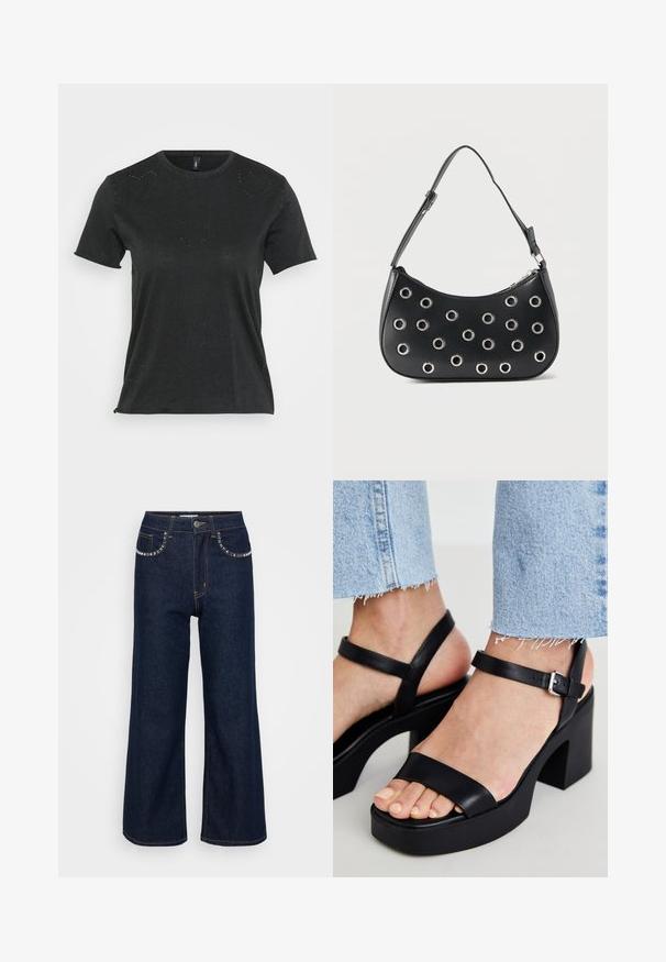 Sort kortærmet T-shirt med rund halsudskæring, der har diskrete hjerteformede rhinstenapplikationer på forsiden. Blødt, afslappet stof.; Mørkeblå brede ben jeans lavet af denim, med høj talje, to forlommer med dekorativ syning, og en enkelt knaplukning.; ALDO CELIE - Højhælede sandaletter / Højhælede sandaler - black; Sort læder skuldertaske med justerbar rem, dekoreret med sølvfarvede metalnitter og lukning med øverste lynlås.