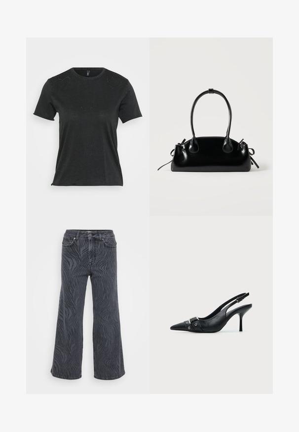 Schwarzes T-Shirt mit kurzen Ärmeln und rundem Halsausschnitt, das dezente, herzförmige Strassverzierungen auf der Vorderseite aufweist. Weicher, lässiger Stoff.; Weite Jeans aus dunkelgrauem Denim mit einem Zebramuster. Klassisches Fünf-Taschen-Design mit Knopf- und Reißverschluss.; Schwarzer Leder Slingback-Pumps mit spitzer Vorderkappe und einem Schnallen- und Ösenriemen vorne.; Kleine schwarze glänzende Handtasche mit zwei langen Griffen und seitlichen Kordelzug-Details vor einfachem hellem Hintergrund.