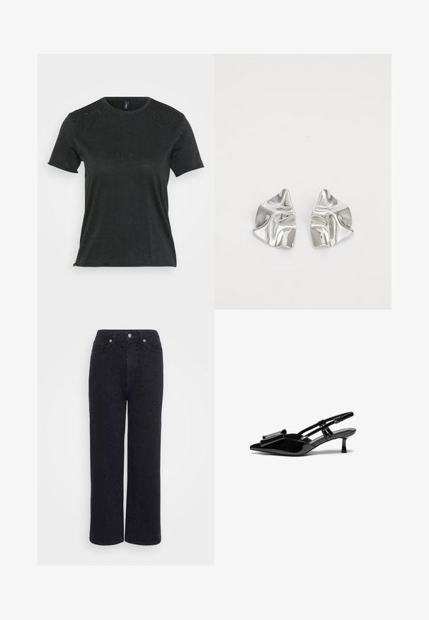Camiseta negra de manga corta con cuello redondo, que presenta sutiles adornos de rhinestones en forma de corazón en la parte delantera. Tejido suave y casual.; Pantalones de mezclilla negra de pierna ancha con una cintura alta, que presentan acentos decorativos de tachuelas en todo su diseño y una textura suave.; Zapatos de tacón slingback de charol negro con punta afilada, detalle de lazo en el frente y un pequeño tacón de aguja. Las correas tienen hebillas ajustables.; Pendientes de metal plateado con un diseño ondulado y escultórico, que presentan un acabado pulido y formas irregulares, destacando una estética contemporánea.