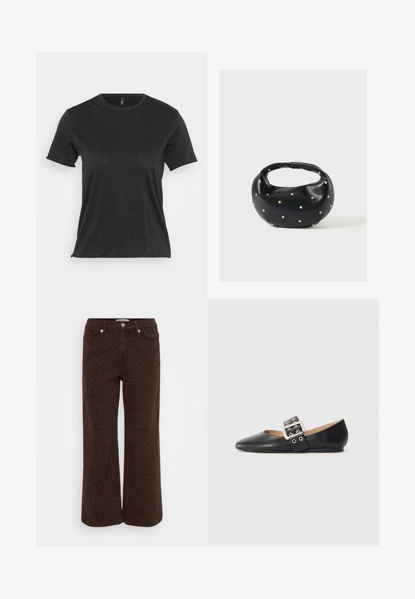Zwarte T-shirt met korte mouwen en ronde halslijn, met subtiele hartvormige rhinestone versieringen aan de voorkant. Zacht, casual materiaal.; Bruine wijde jeans met een subtiele luipaardprint. Gemaakt van denim, met een vijf-pocket ontwerp en metalen knoopsluiting.; Zwarte platte leren schoen met spits toelopende neus en een decoratieve gespsluiting met zilverkleurige metalen details en kleine uitsparingen.; Zwarte leren handtas met een afgeronde vorm, versierd met zilveren studs, en een korte handgreep. Gladde textuur en ritsluiting.