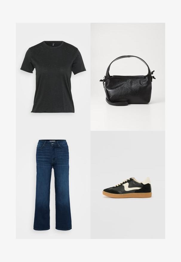 Must beelise mustariga T-särk musta lühikeste varrukatega ümarate kaelustega, mille esiküljel on peened südamekujulised rhinestone kaunistused. Pehme ja õhuline kangas.; ONLY Petite ONLMADISON BLUSH WIDE - Wide leg - dark blue denim; Must musta ja nahast sneakersid, millel on koorevärvi külgsuund ja hele koorik. Omab beeži paelu ja kummi kummist välistalla.; Must mustrikujundusega must nahast käekott, ümarate pealmiste käepidemete ja eemaldatava õlalihaga. Omab siledat tekstuuri ja peent sära.