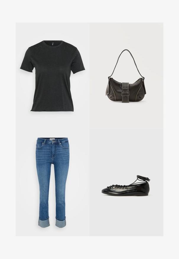 Sort kortærmet T-shirt med rund halsudskæring, der har diskrete hjerteformede rhinstenapplikationer på forsiden. Blødt, afslappet stof.; Blå denim jeans med forlommer, knaplukning og oprullede bukseben på en ensfarvet lys baggrund.; Sorte balletflade sko i laklæder med rundet tå, snørelukning og flad sål. Glat tekstur med få detaljer.; Sort læder skuldertaske med spænde på remmen, afrundede kanter og kontrasterende hvide syninger på en ensfarvet baggrund.