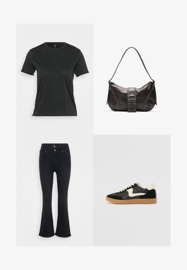 T-shirt noir à manches courtes avec col rond, présentant des embellissements subtils en strass en forme de cœur sur le devant. Tissu doux et décontracté.; Jean noir évasé avec taille haute, fabriqué en tissu denim. Comprend deux poches avant et une fermeture à double bouton à la taille.; Baskets en daim et cuir noir avec un swoosh latéral crème et un talon crème clair. Dotées de lacets beige et d'une semelle en caoutchouc gomme.; Sac à épaule en cuir marron avec une forme courbée, présentant un détail de boucle proéminent, des coutures contrastantes et une seule bandoulière.