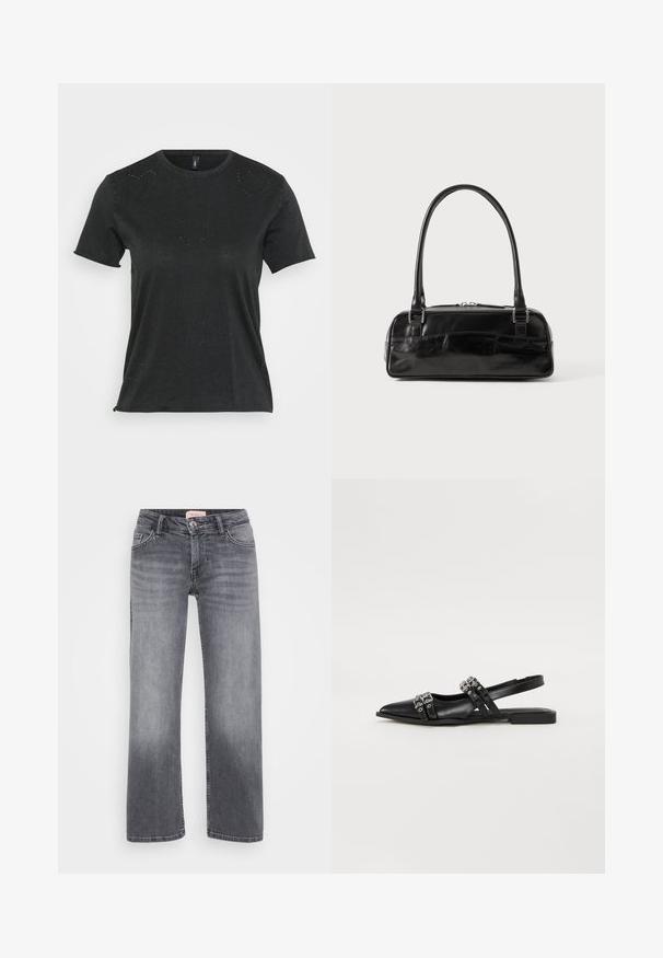 Schwarzes T-Shirt mit kurzen Ärmeln und rundem Halsausschnitt, das dezente, herzförmige Strassverzierungen auf der Vorderseite aufweist. Weicher, lässiger Stoff.; Graue Jeans aus Denim mit geradem Bein, fünf Taschen, dezentem Verblassen und einem Knopfverschluss in der Taille.; Even&Odd Sling-Ballerina - black; Schwarze Lederhandtasche in rechteckiger Form, mit einem stabilen Griff, silbernem Zubehör und Reißverschluss. Glatte Textur.