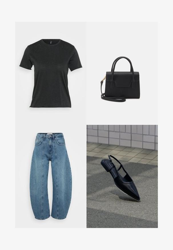 Camiseta negra de manga corta con cuello redondo, que presenta sutiles adornos de rhinestones en forma de corazón en la parte delantera. Tejido suave y casual.; Vaqueros de tiro alto en azul claro, fabricados en denim, con corte de pata ancha, cinco bolsillos y detalles de costura. Textura suave con un acabado limpio.; Zapato plano negro de punta puntiaguda con tiras traseras flotando sobre una superficie de asfalto junto a una acera con baldosas.; Bolso estructurado negro de cuero con un asa superior, correa de hombro desmontable y un detalle de tapa en la parte frontal. Acentos en dorado.