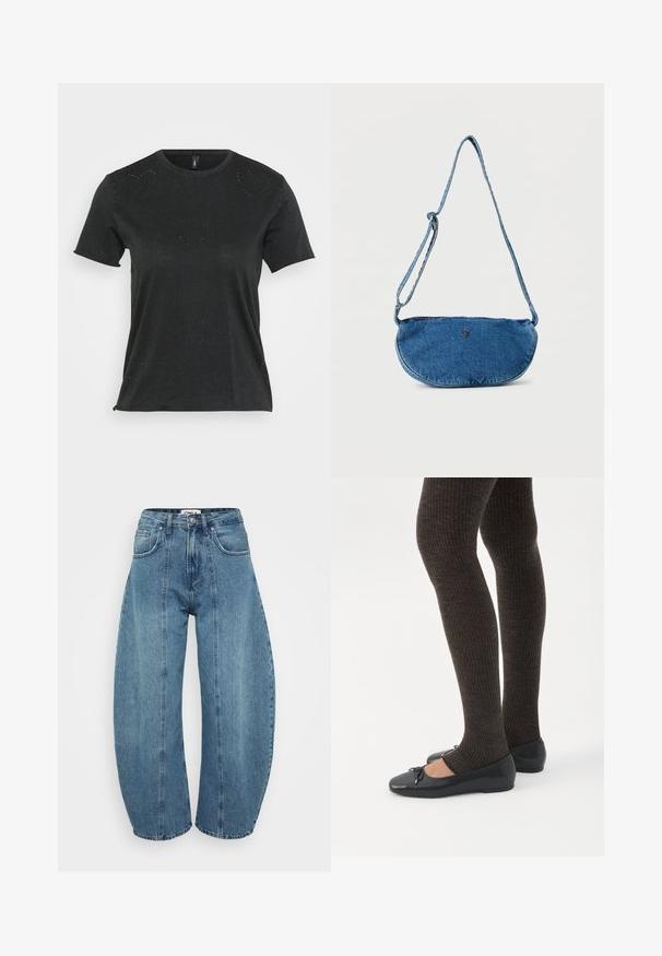 Camiseta negra de manga corta con cuello redondo, que presenta sutiles adornos de rhinestones en forma de corazón en la parte delantera. Tejido suave y casual.; Vaqueros de tiro alto en azul claro, fabricados en denim, con corte de pata ancha, cinco bolsillos y detalles de costura. Textura suave con un acabado limpio.; Piernas con leggings oscuros acanalados combinados con bailarinas negras que presentan pequeños detalles de lazo sobre un fondo blanco.; Bolso bandolera azul de mezclilla con correa ajustable y pequeño logo metálico en el frente, exhibido sobre fondo blanco.