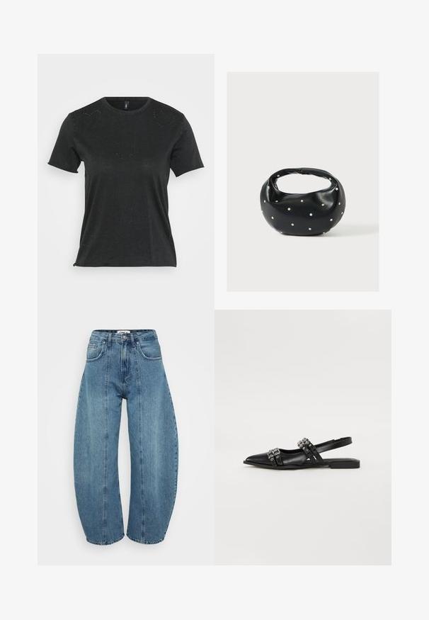 Camiseta negra de manga corta con cuello redondo, que presenta sutiles adornos de rhinestones en forma de corazón en la parte delantera. Tejido suave y casual.; Vaqueros de tiro alto en azul claro, fabricados en denim, con corte de pata ancha, cinco bolsillos y detalles de costura. Textura suave con un acabado limpio.; Even&Odd Bailarinas con tira trasera - black; Bolso de mano de cuero negro con forma redondeada, decorado con detalles de tachuelas plateadas y un asa corta. Textura lisa y cierre con cremallera.